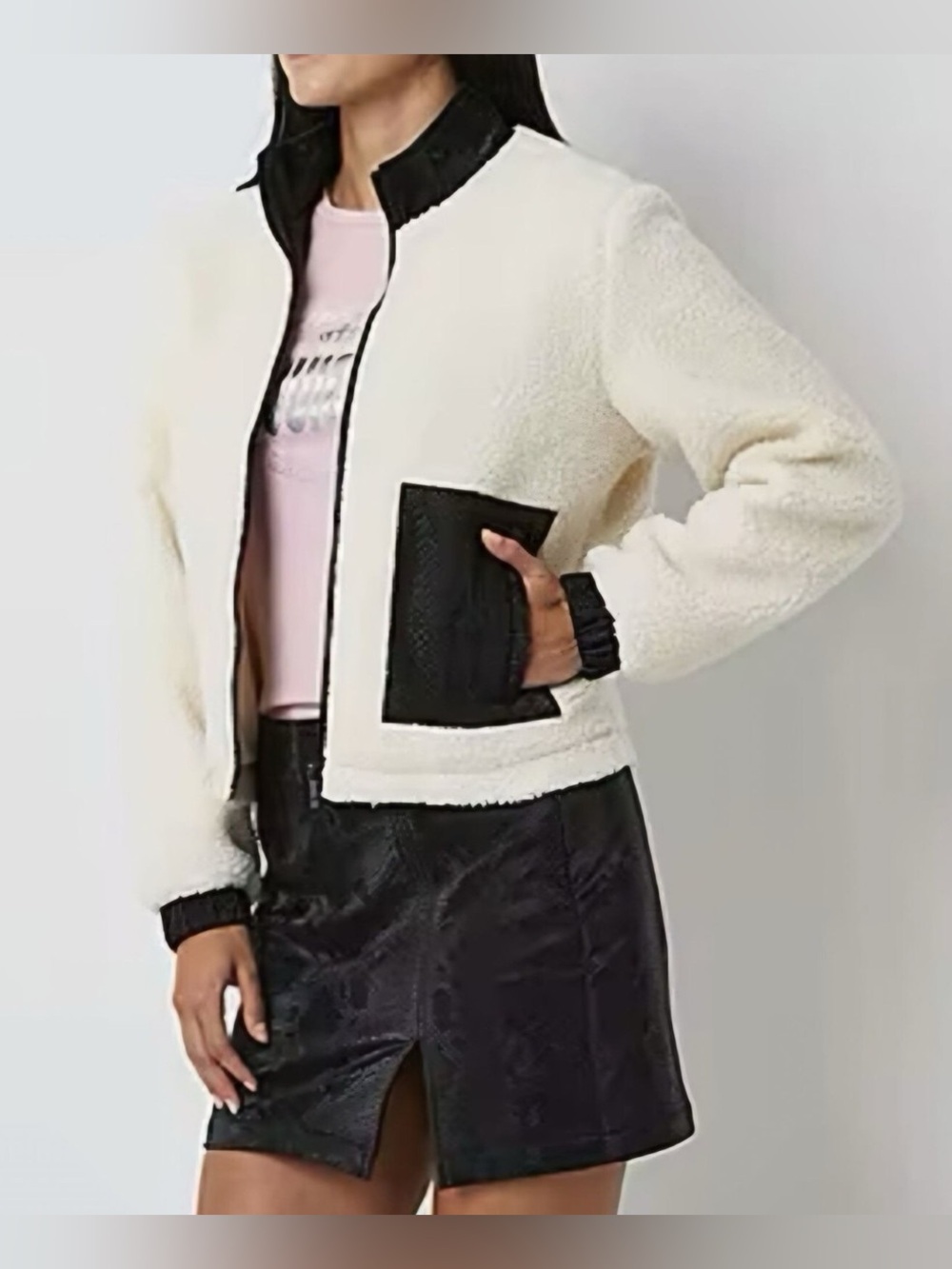Juicy Couture Cream Sherpa Bomber Jacket with Snakeskin Accent